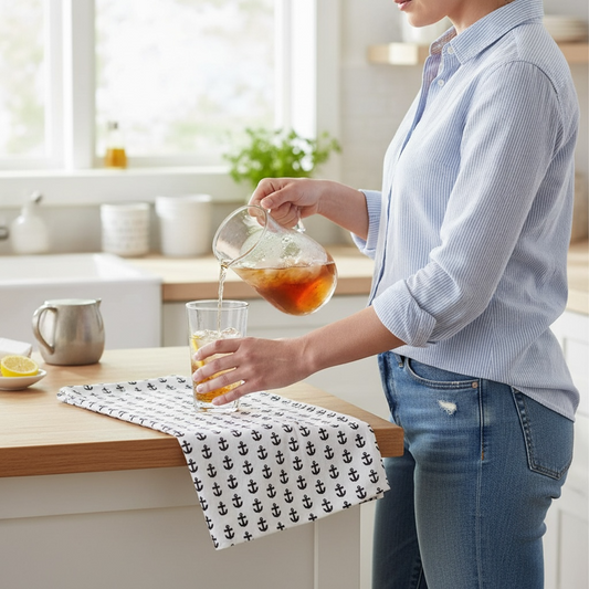 Aquidneck anchors tea towel in French linen cotton with nautical anchor design