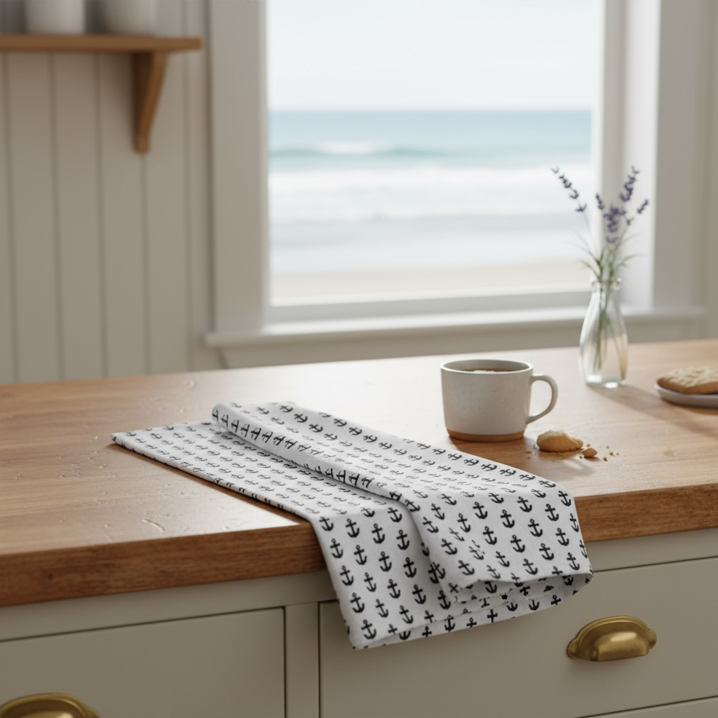 Aquidneck anchors tea towel in French linen cotton with nautical anchor design