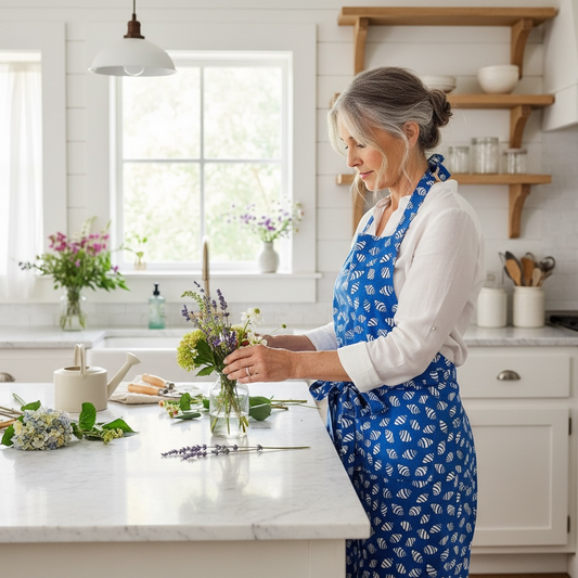 Bali bumblebee shell apron in French linen cotton with striped shell design
