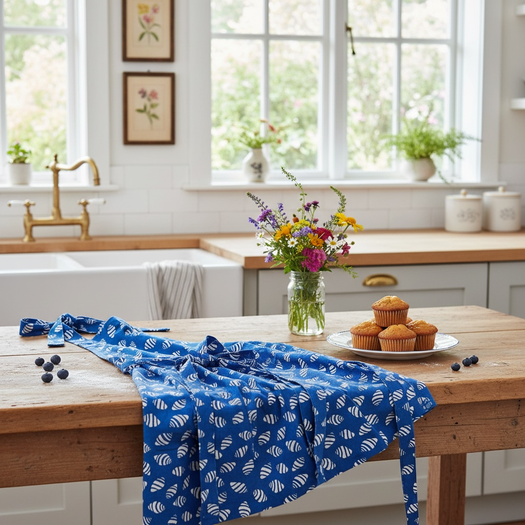 Bali bumblebee shell apron in French linen cotton with striped shell design