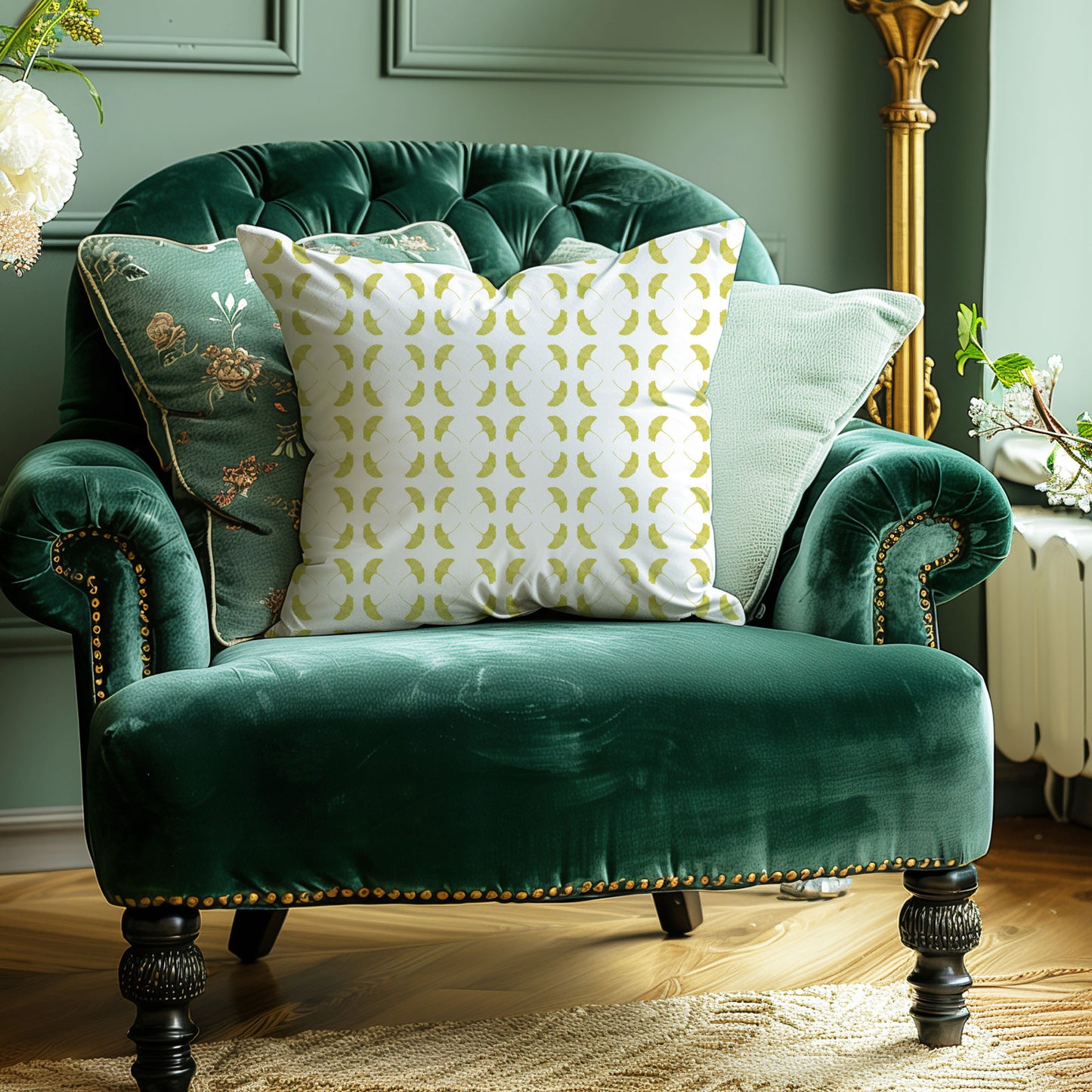 Goosewing gingko fabric with chartreuse ginkgo leaf print on white