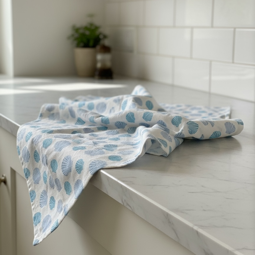 Nantucket bay scallop tea towel in French linen cotton with coastal scallop pattern