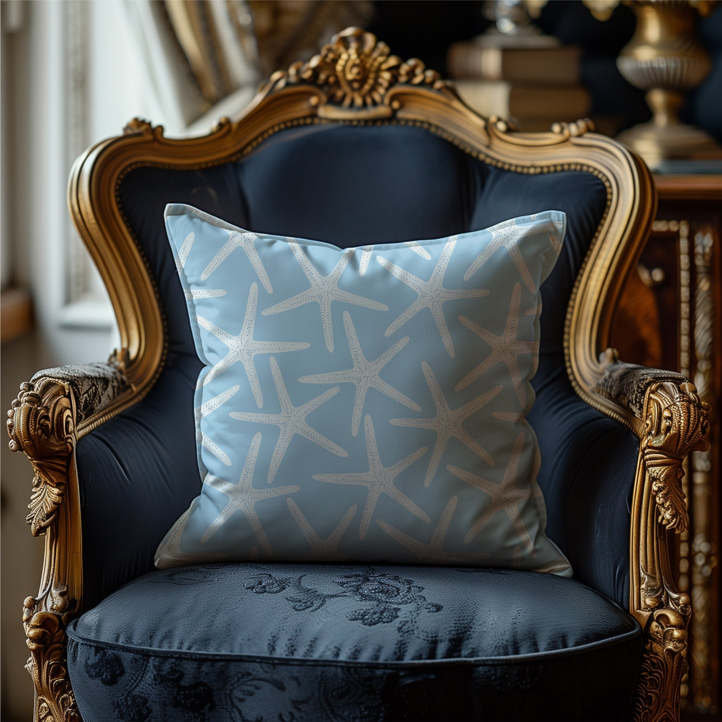 Pemaquid pencil star pattern with white dotted starfish on powder blue