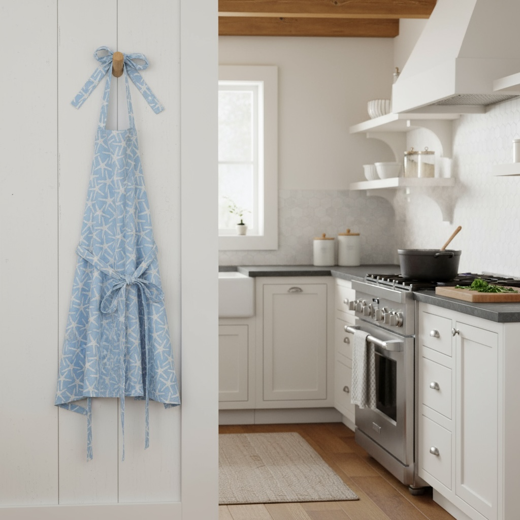 Pemaquid pencil stars apron in French linen cotton with blue starfish pattern