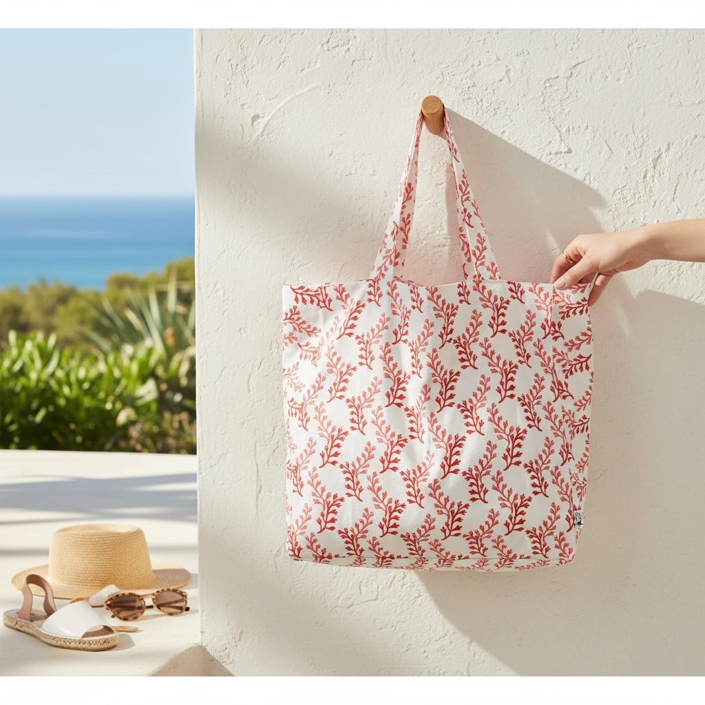 Sakonnet seaweed tote bag in eco-friendly cotton with coral seaweed design
