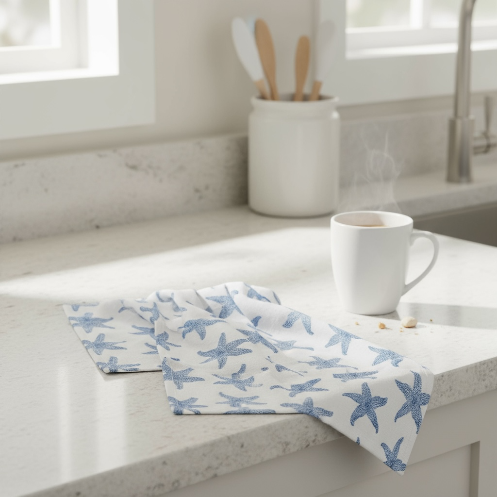 Sconset starfish tea towel in French linen cotton with blue starfish pattern 18x22 inches