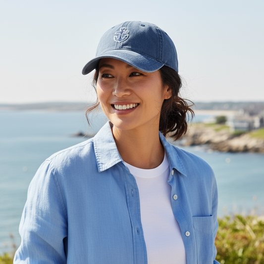 Aquidneck anchor baseball cap in washed cotton with navy anchor embroidery