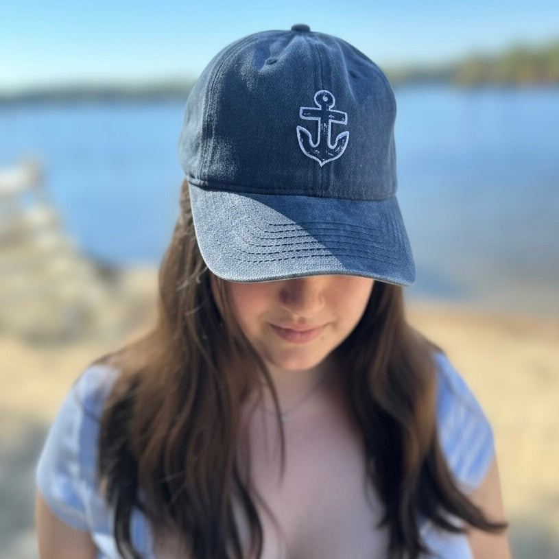 Aquidneck anchor baseball cap in washed cotton with navy anchor embroidery