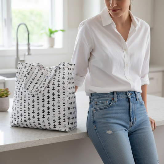 Aquidneck anchors tote bag in eco-friendly cotton with black anchor print