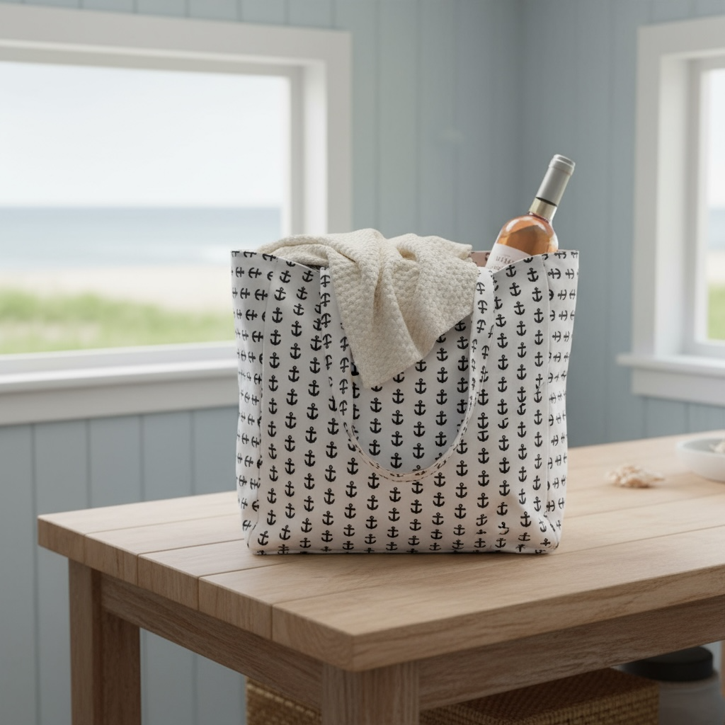 Aquidneck anchors tote bag in eco-friendly cotton with black anchor print
