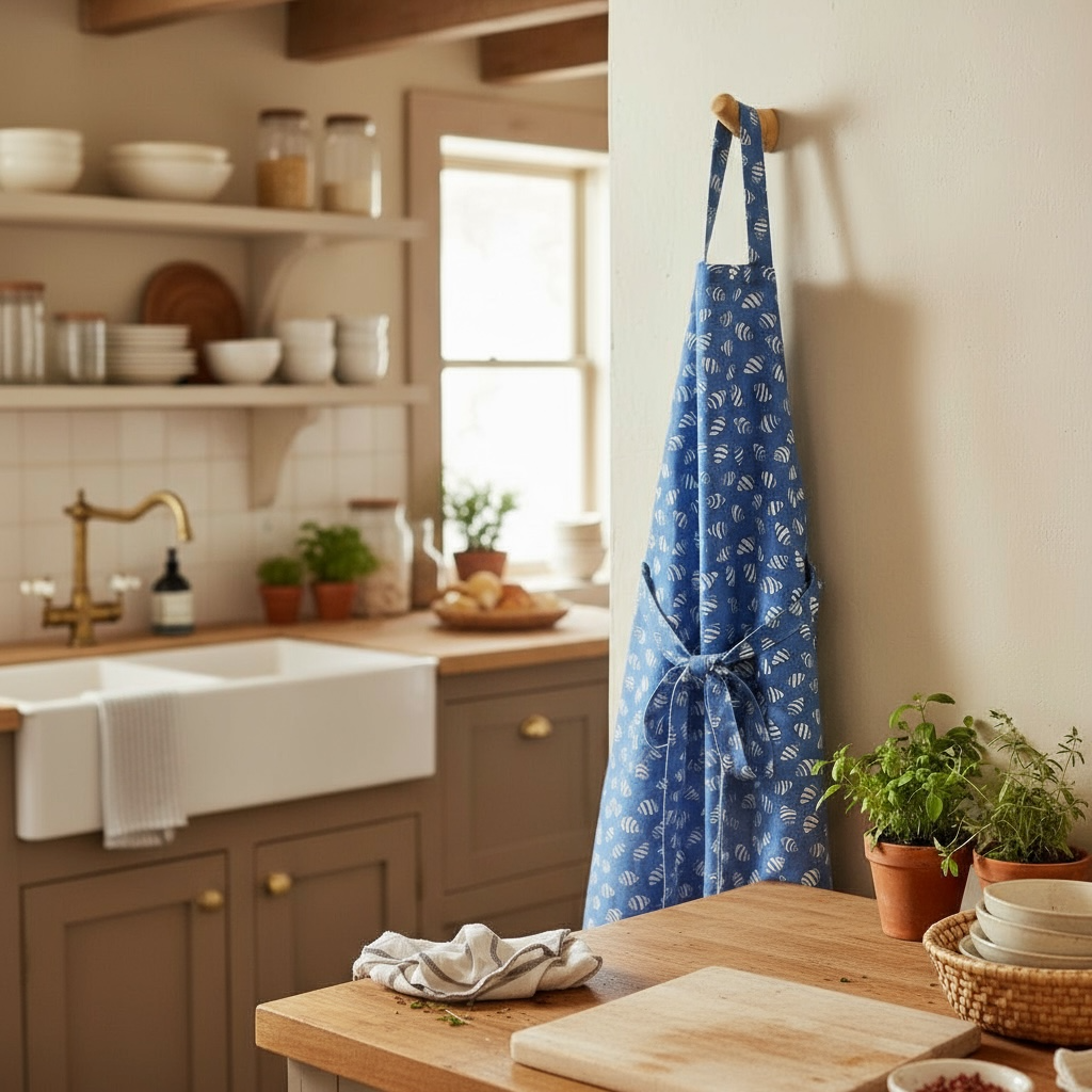 Bali bumblebee shell apron in French linen cotton with striped shell design