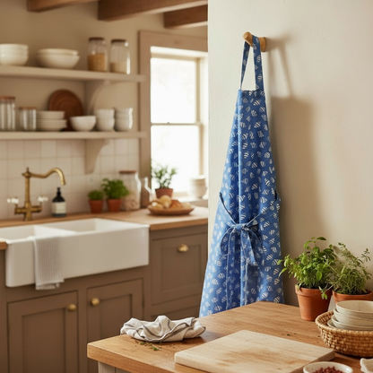 Bali bumblebee shell apron in French linen cotton with striped shell design