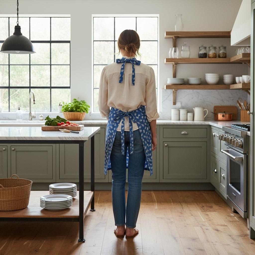 Bali bumblebee shell apron in French linen cotton with striped shell design