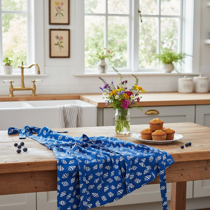 Bali bumblebee shell apron in French linen cotton with striped shell design