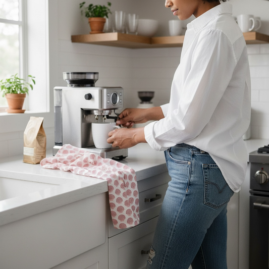 Barnstable bay scallop tea towel in French linen cotton with blue scallop shell design