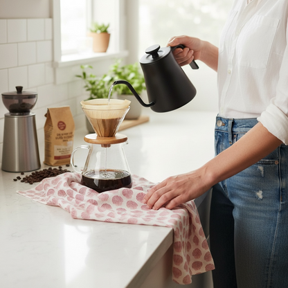 Barnstable bay scallop tea towel in French linen cotton with blue scallop shell design