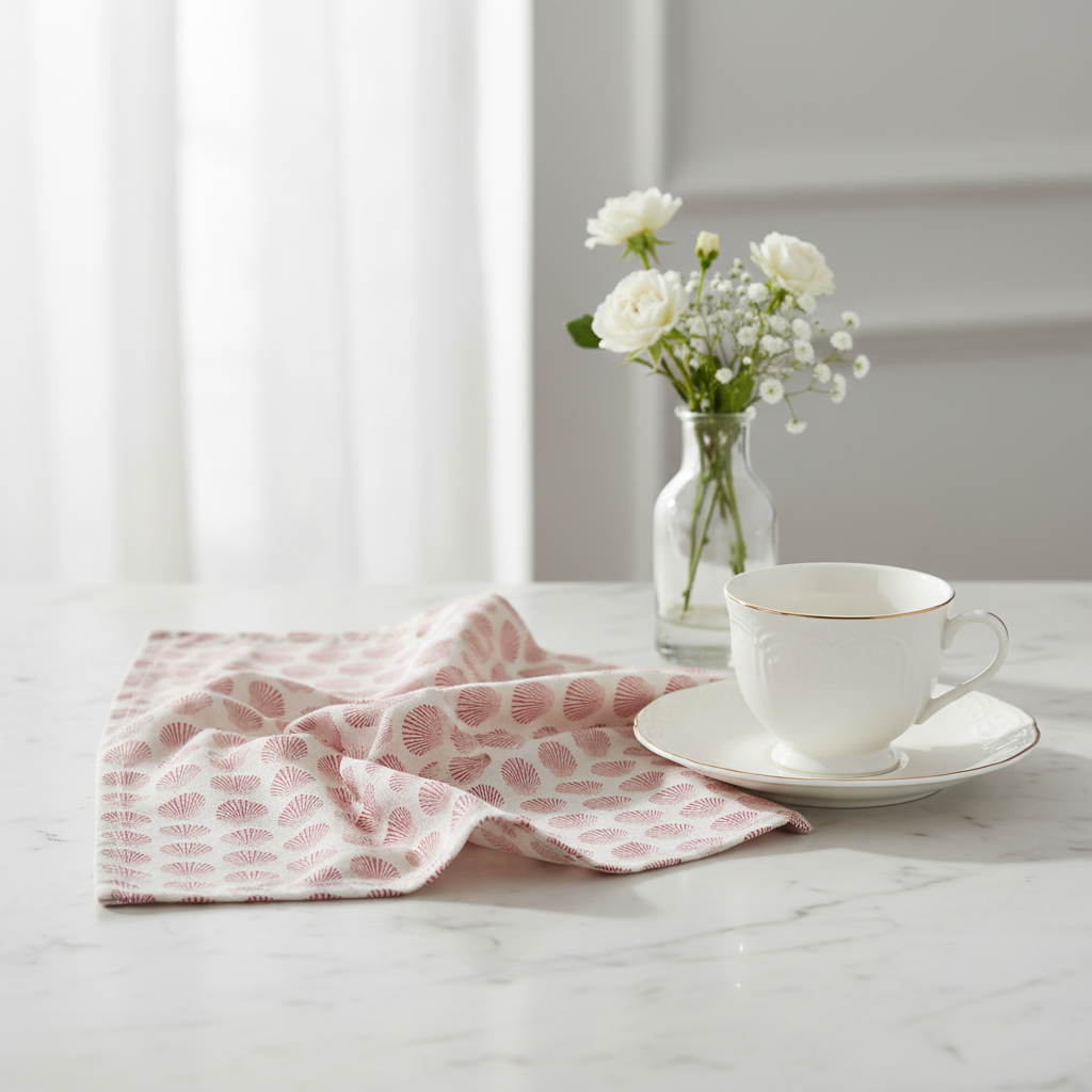 Barnstable bay scallop tea towel in French linen cotton with blue scallop shell design