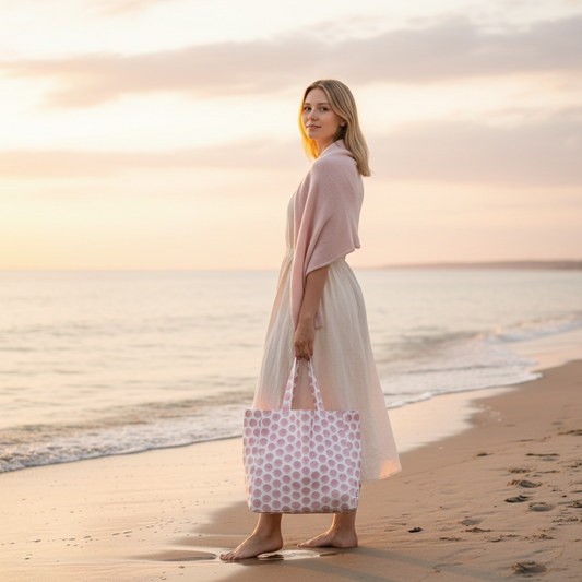 Barnstable bay scallop tote bag in eco-friendly cotton with pink scallop shell print