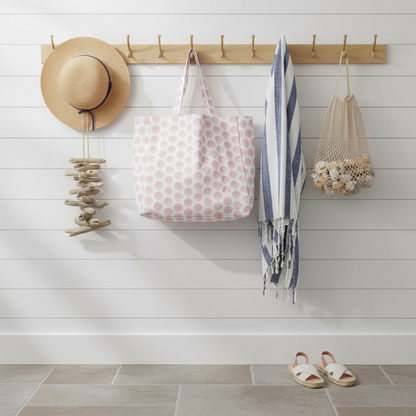 Barnstable bay scallop tote bag in eco-friendly cotton with pink scallop shell print