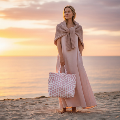 Barnstable bay scallop tote bag in eco-friendly cotton with pink scallop shell print
