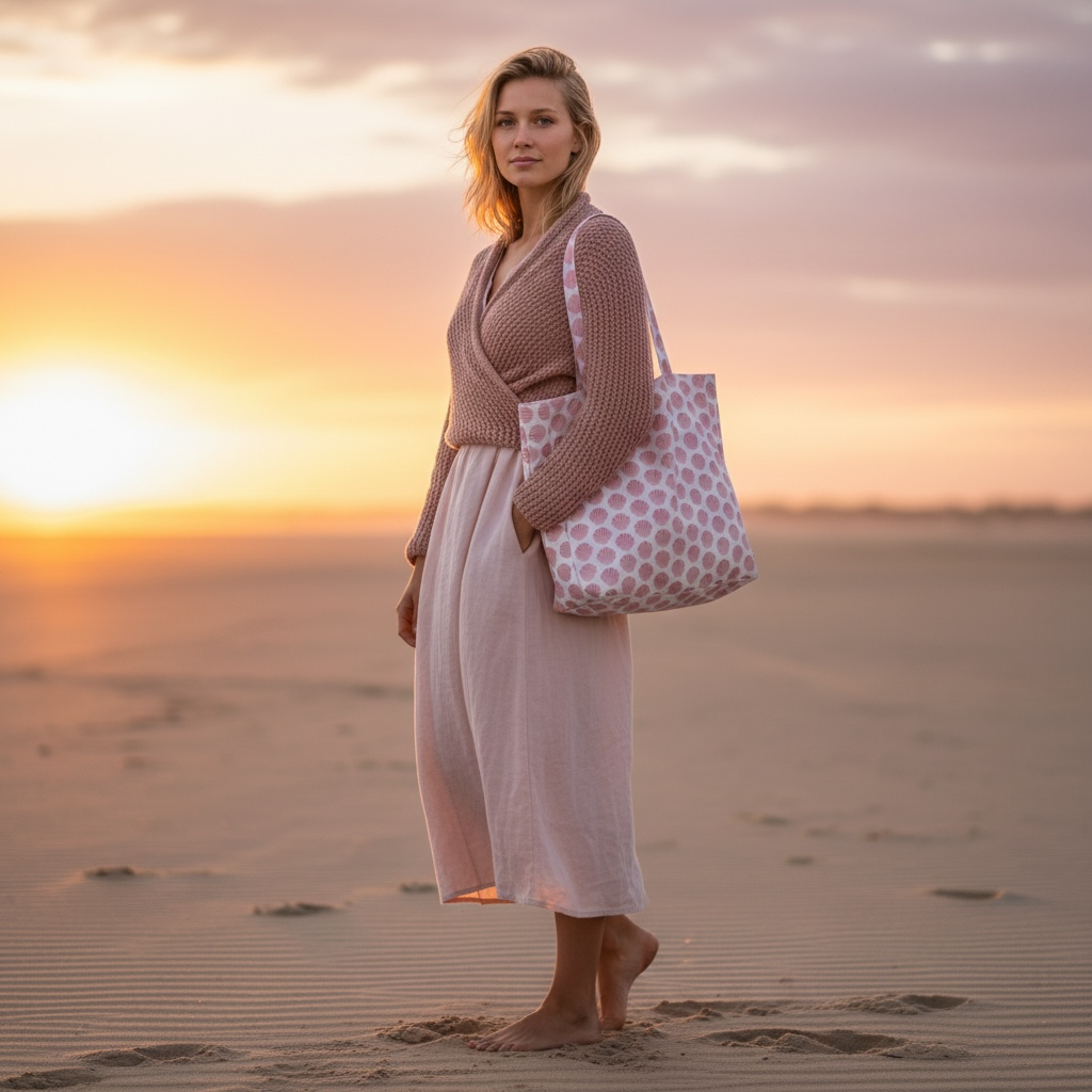 Barnstable bay scallop tote bag in eco-friendly cotton with pink scallop shell print