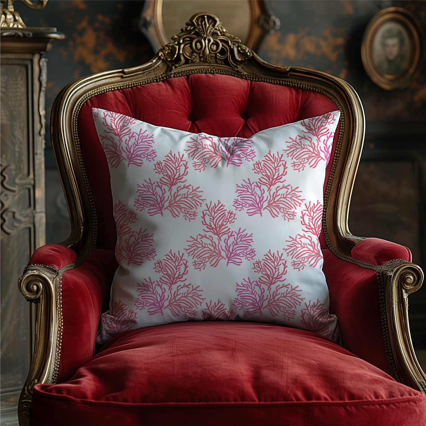Camden Coral fabric with elegant coral branch print in pink and coral gradients