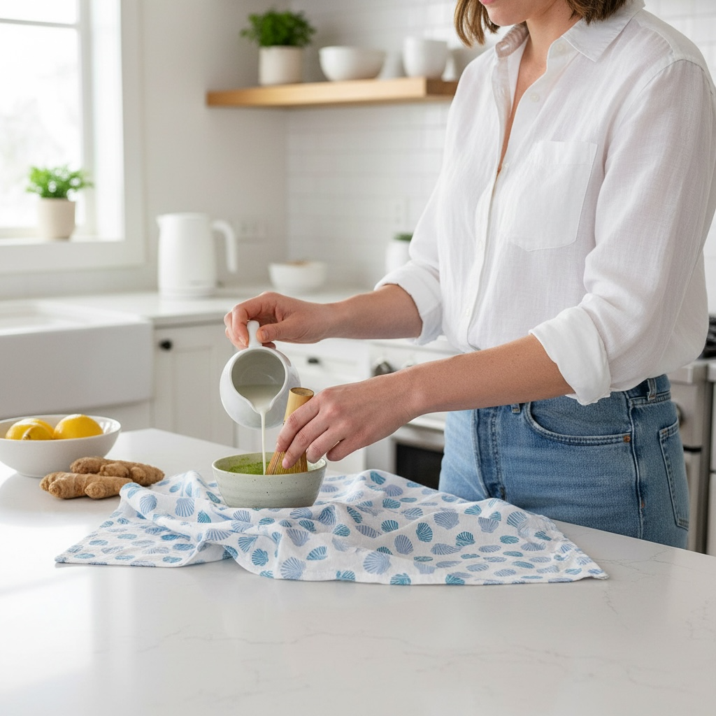 Nantucket bay scallop tea towel in French linen cotton with coastal scallop pattern