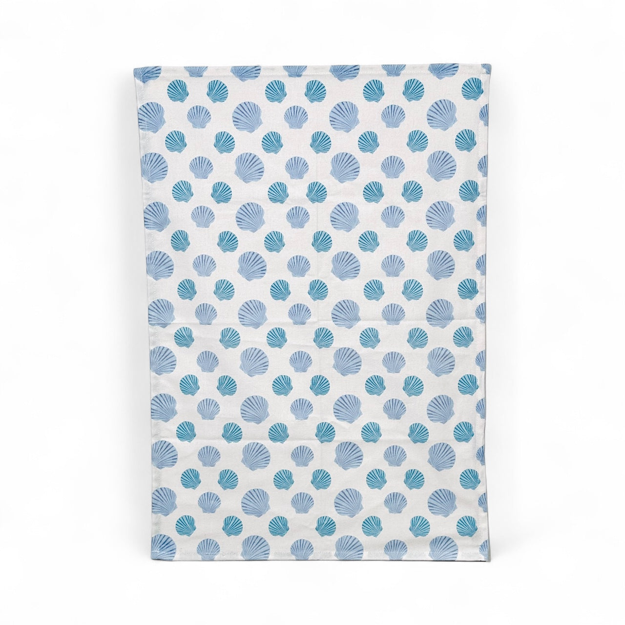 Nantucket bay scallop tea towel in French linen cotton with coastal scallop pattern