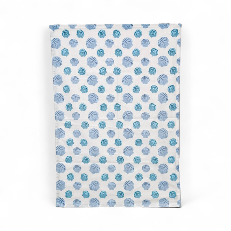 Nantucket bay scallop tea towel in French linen cotton with coastal scallop pattern