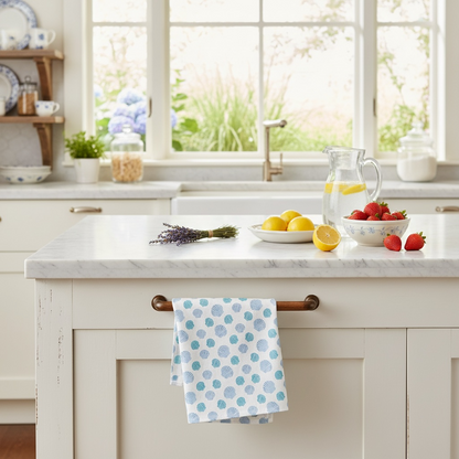Nantucket bay scallop tea towel in French linen cotton with coastal scallop pattern