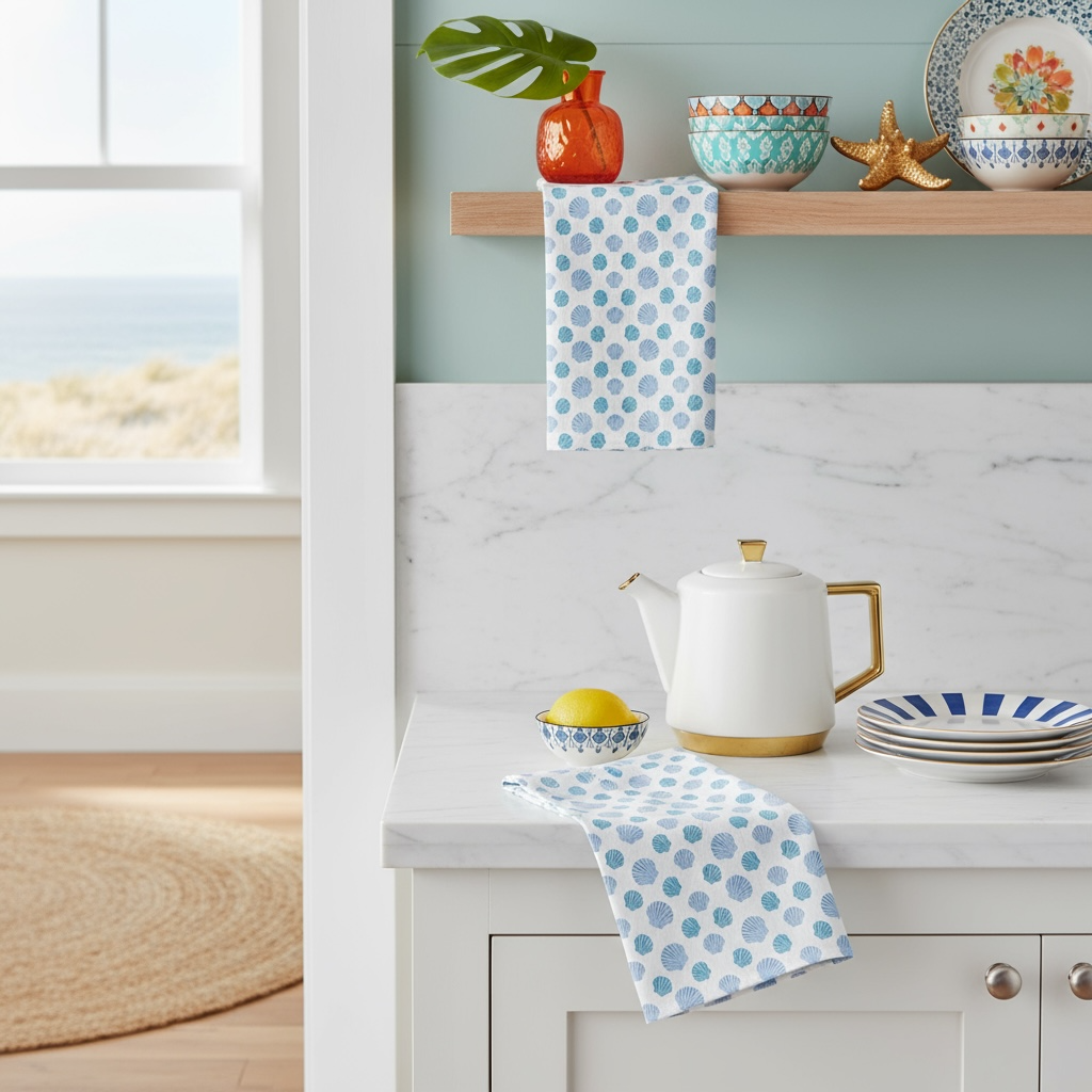 Nantucket bay scallop tea towel in French linen cotton with coastal scallop pattern