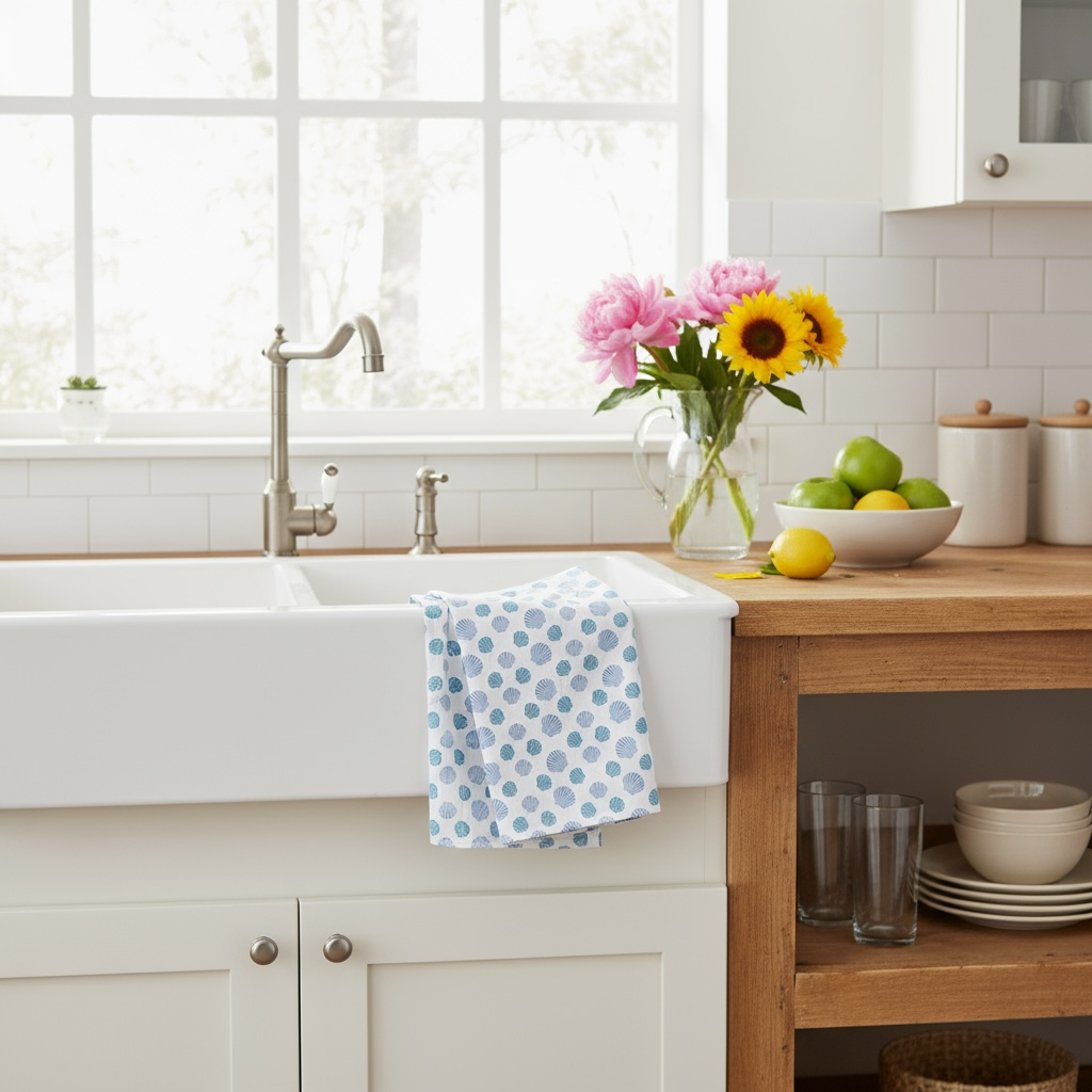 Nantucket bay scallop tea towel in French linen cotton with coastal scallop pattern