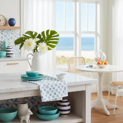 Nantucket bay scallop tea towel in French linen cotton with coastal scallop pattern