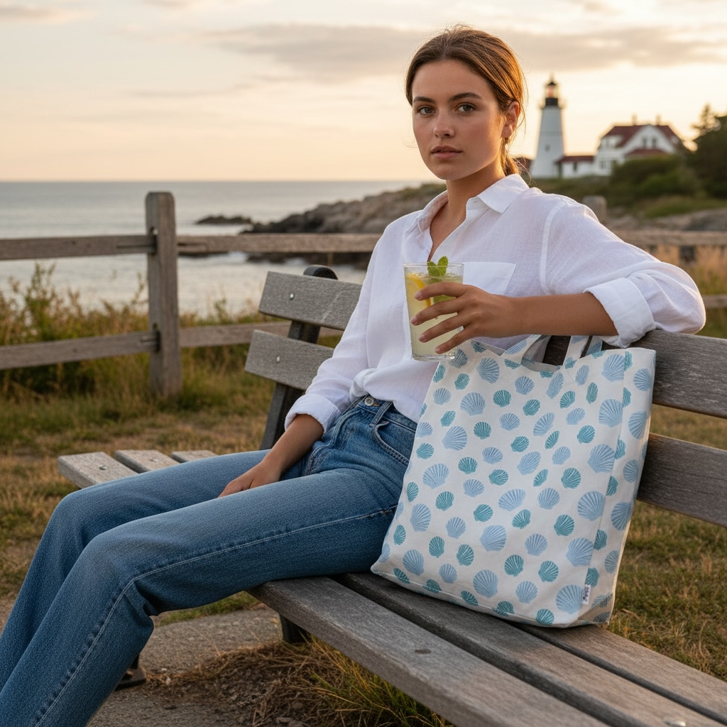 Nantucket bay scallop tote bag in eco-friendly cotton with blue coastal scallop pattern