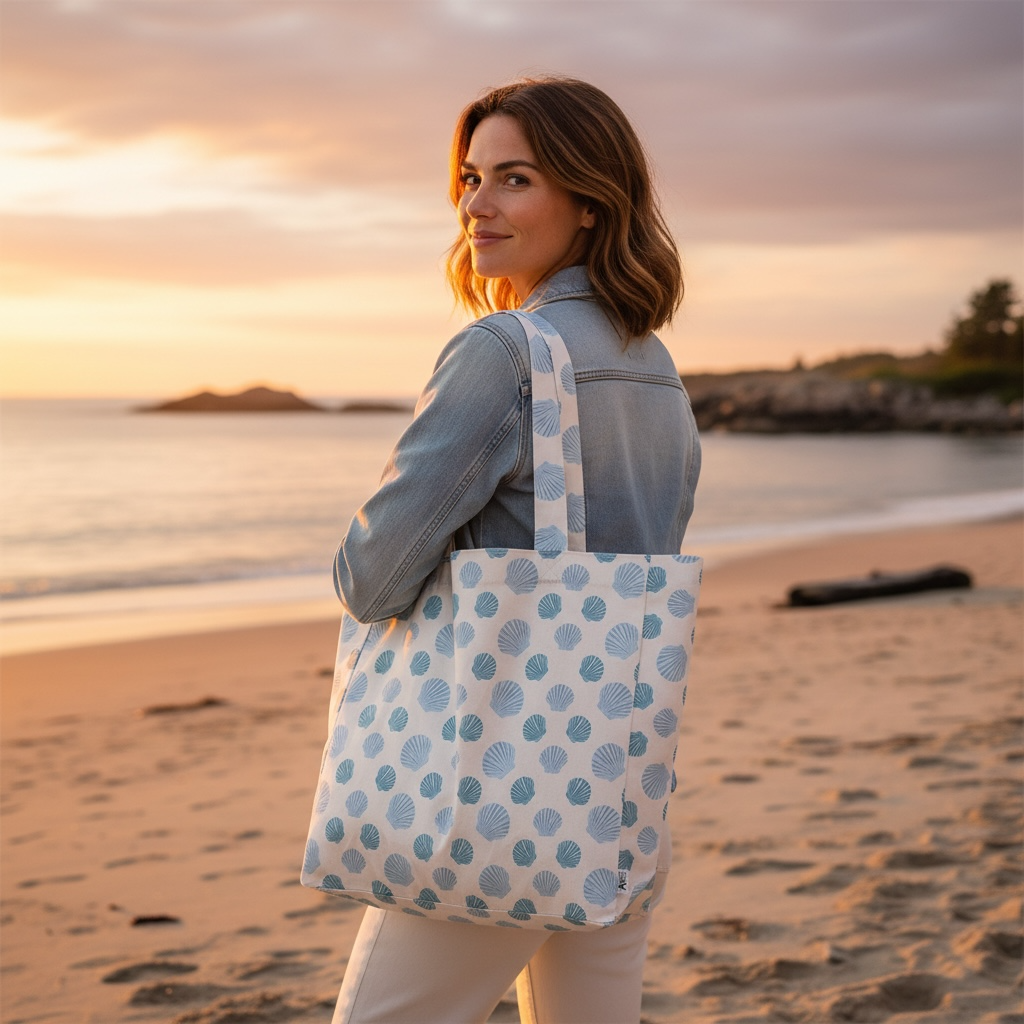 Nantucket bay scallop tote bag in eco-friendly cotton with blue coastal scallop pattern
