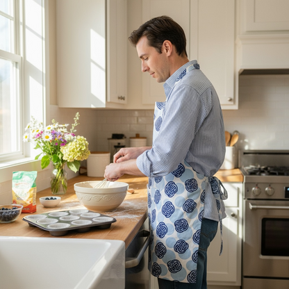 Newport knots and dots apron in French linen cotton with nautical pattern