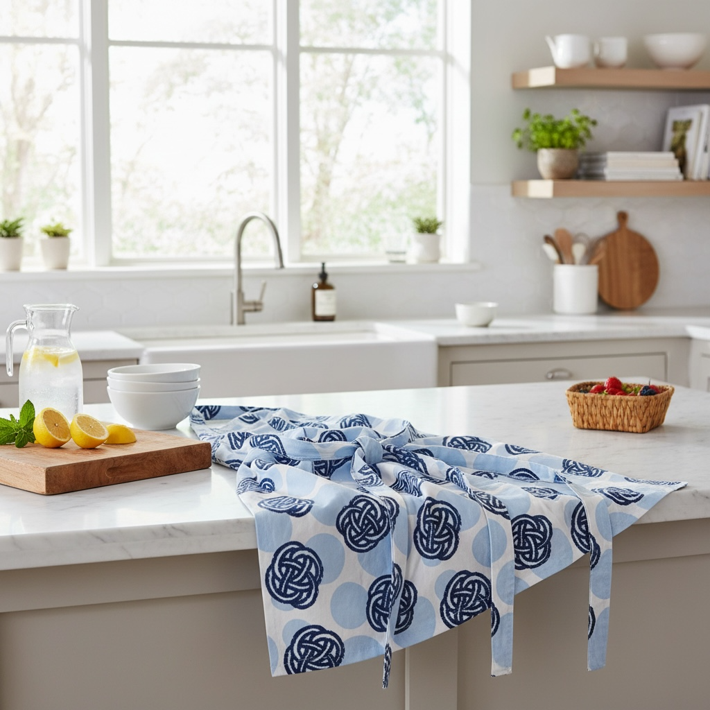 Newport knots and dots apron in French linen cotton with nautical pattern