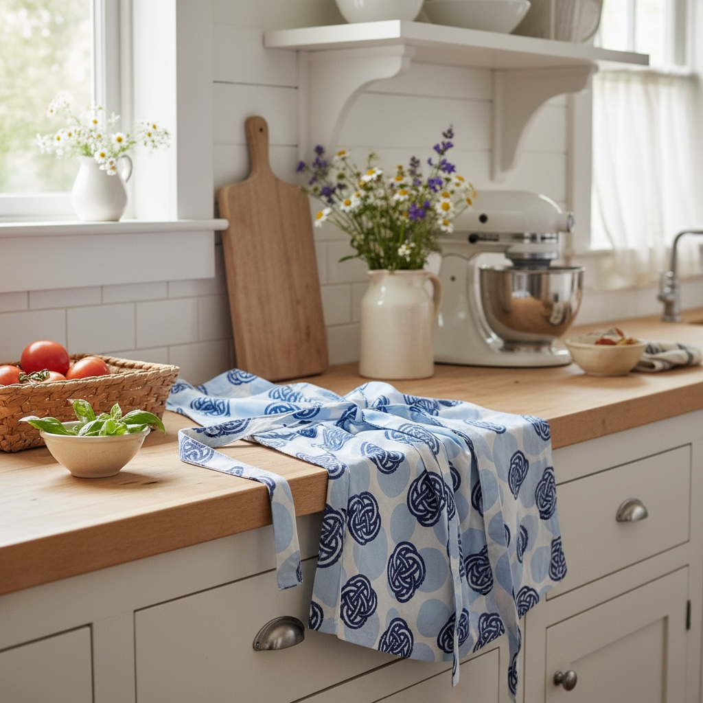 Newport knots and dots apron in French linen cotton with nautical pattern