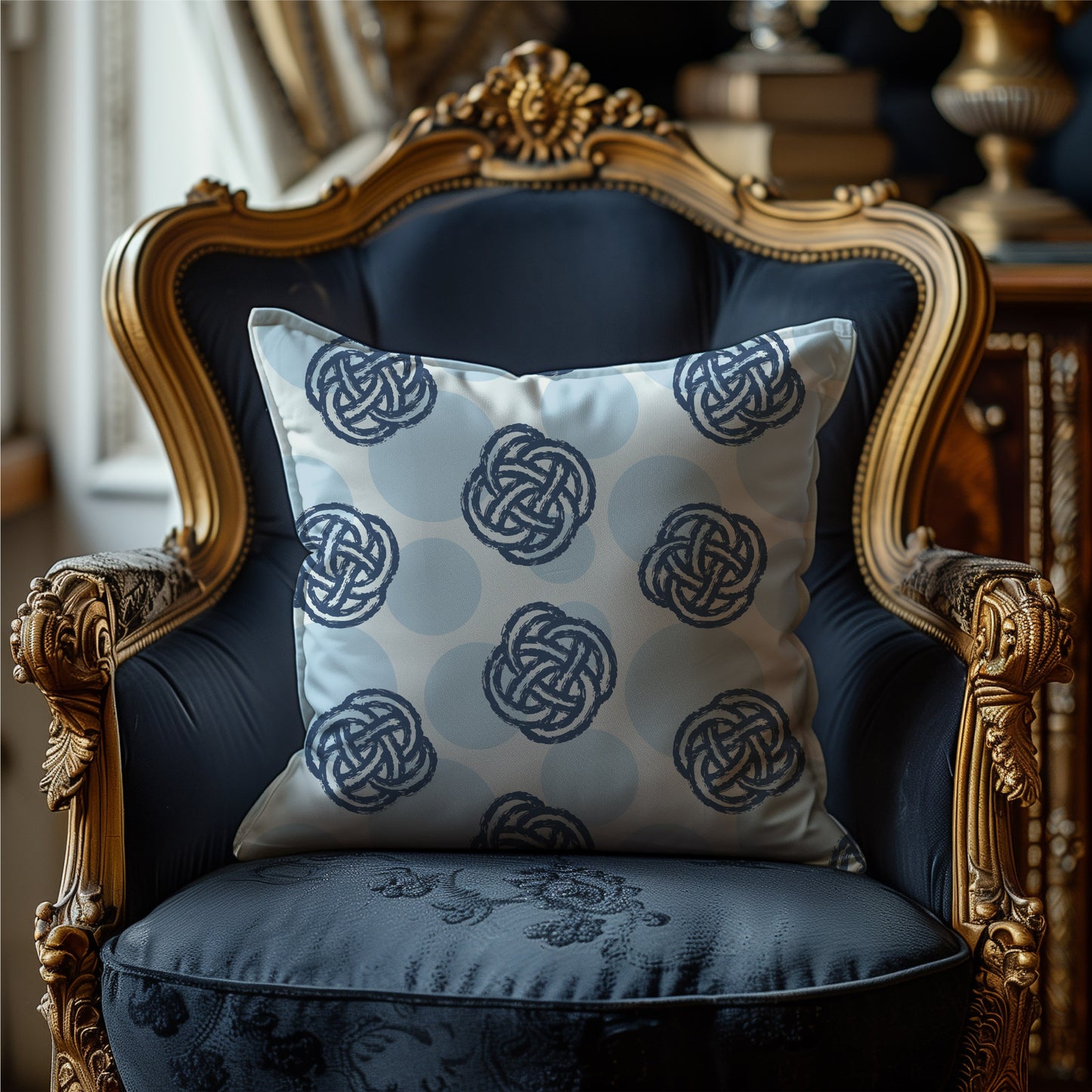 Newport knots and dots pattern with navy Celtic knots and blue polka dots 