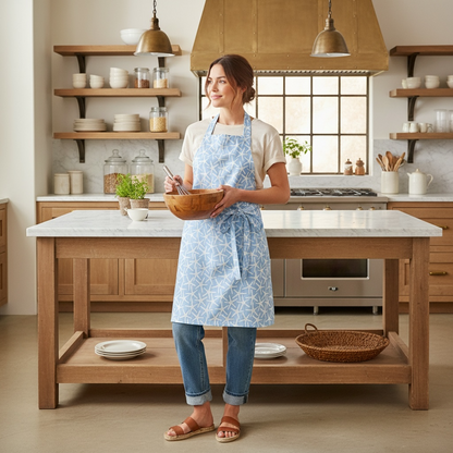 Pemaquid pencil stars apron in French linen cotton with blue starfish pattern