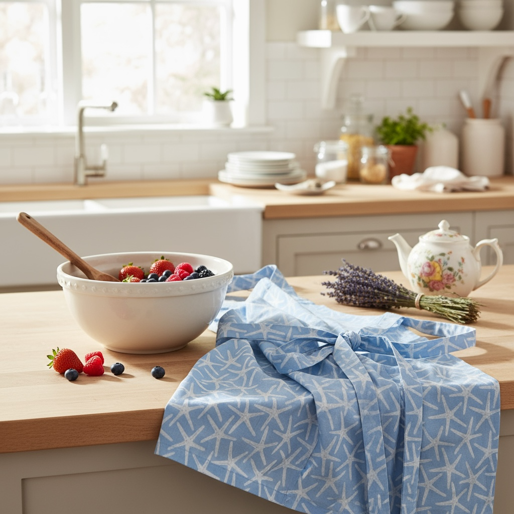 Pemaquid pencil stars apron in French linen cotton with blue starfish pattern