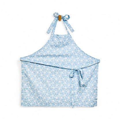 Pemaquid pencil stars apron in French linen cotton with blue starfish pattern