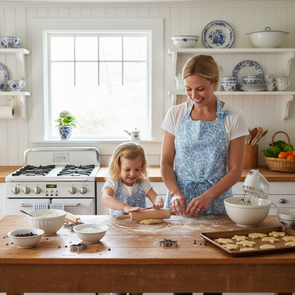 Pemaquid pencil stars apron in French linen cotton with blue starfish pattern