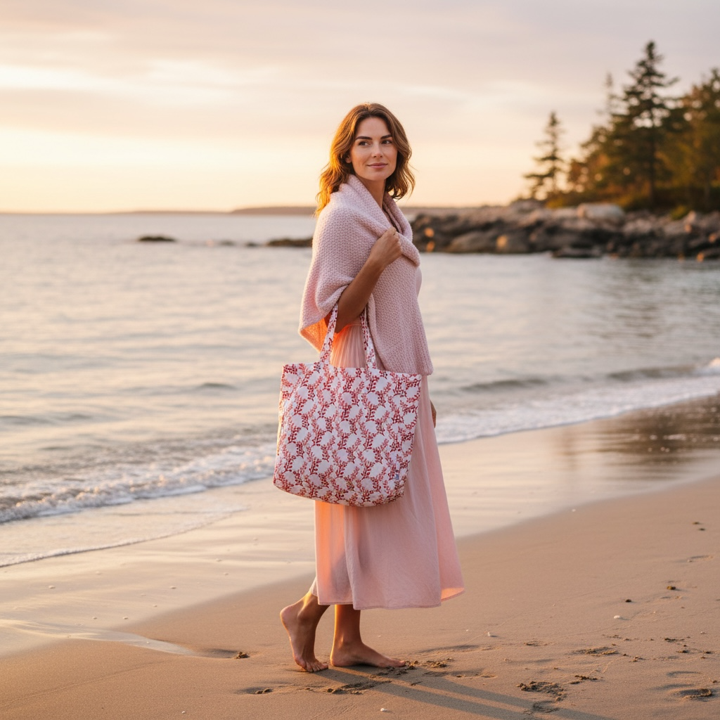 Sakonnet seaweed tote bag in eco-friendly cotton with coral seaweed design