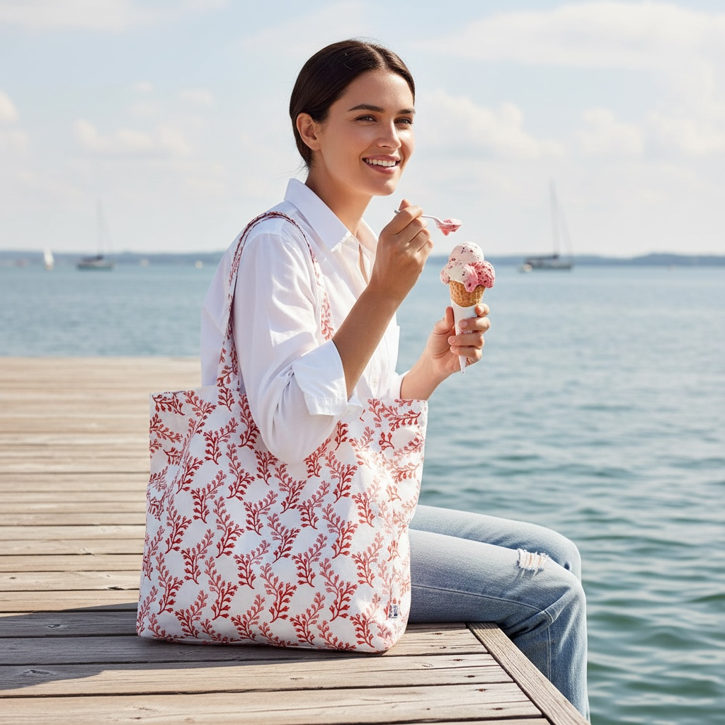 Sakonnet seaweed tote bag in eco-friendly cotton with coral seaweed design