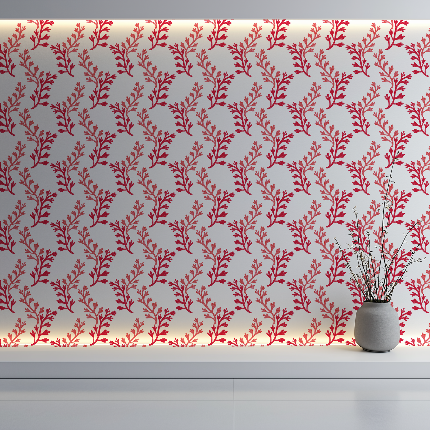 Sakonnet seaweed fabric with coral colored flowing seaweed design 