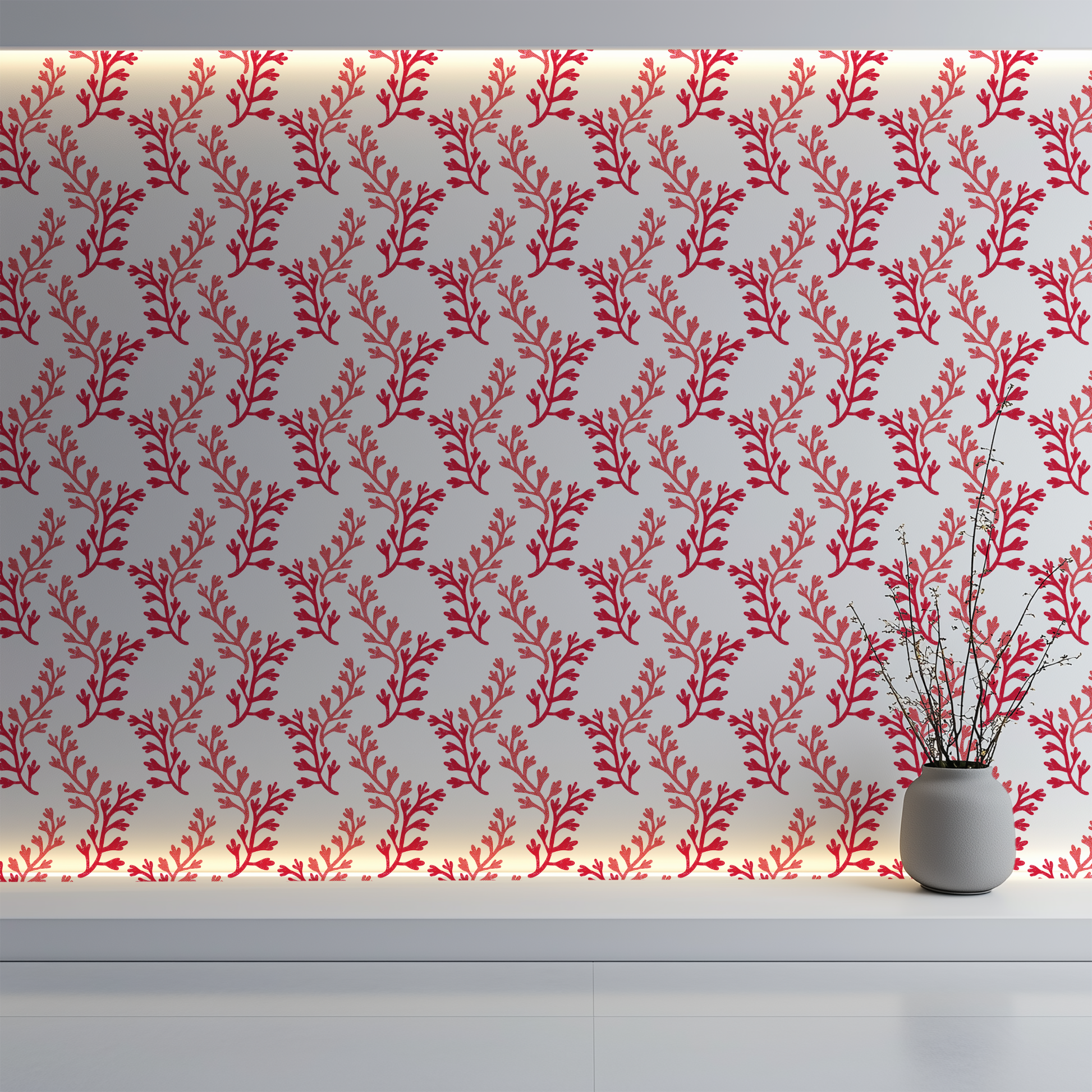 Sakonnet seaweed fabric with coral colored flowing seaweed design 