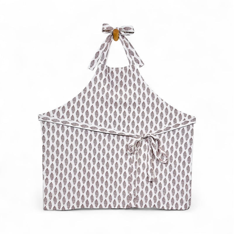 Sanibel junonia apron in French linen cotton with cocoa shell pattern and ties