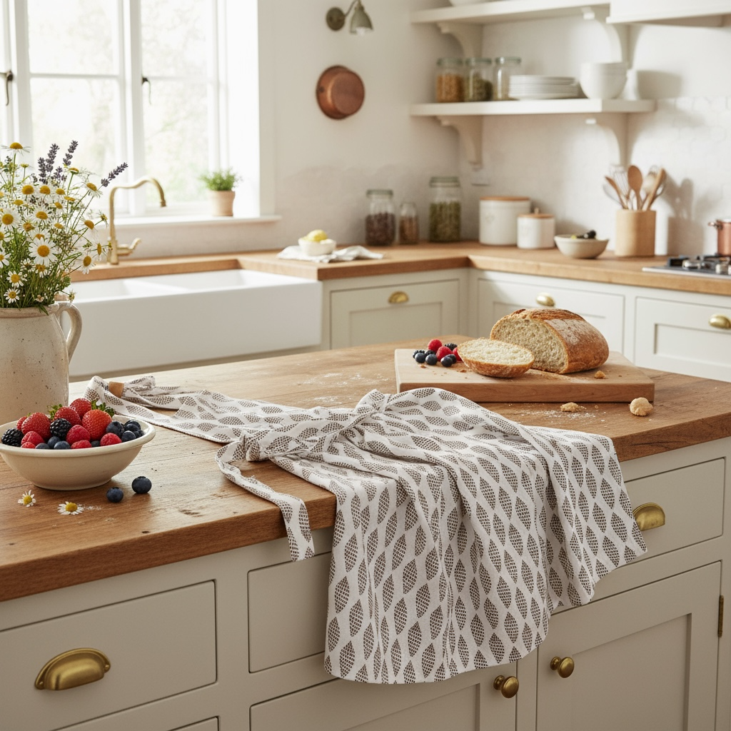 Sanibel junonia apron in French linen cotton with cocoa shell pattern and ties