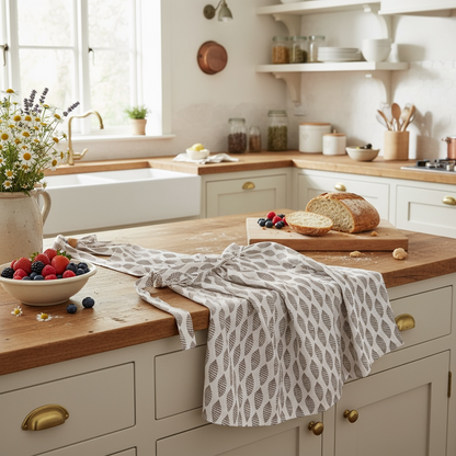 Sanibel junonia apron in French linen cotton with cocoa shell pattern and ties